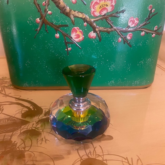 Perfume Glass Bottle Round Rainbow Geometric Prism w/ Green Stopper Vintage - Picture 12 of 12
